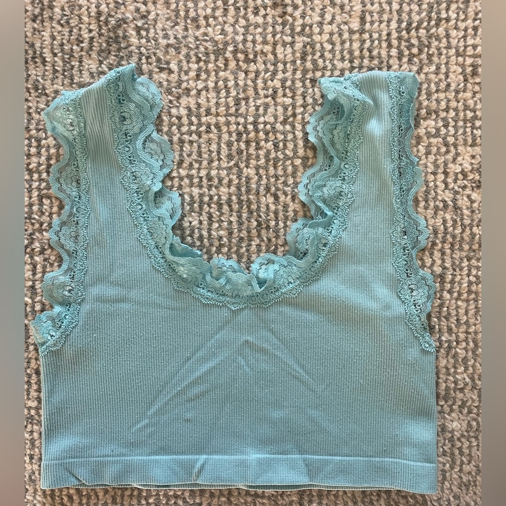 Lace-Trim Ribbed Crop Tank Top - Aqua